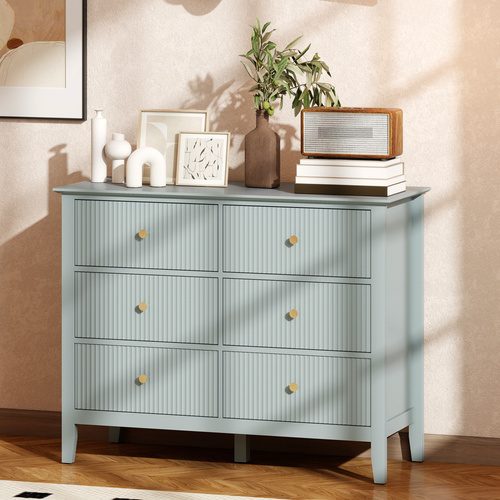HOMCOM Fluted Dresser, 6 Drawer Chest of Drawers for Bedroom, Living Room, Hallway, Closet, Green