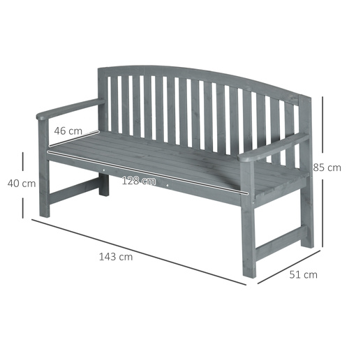 Outsunny 2 Seater Wooden Garden Bench with Armrest, Outdoor Furniture Chair for Park, Balcony, Grey