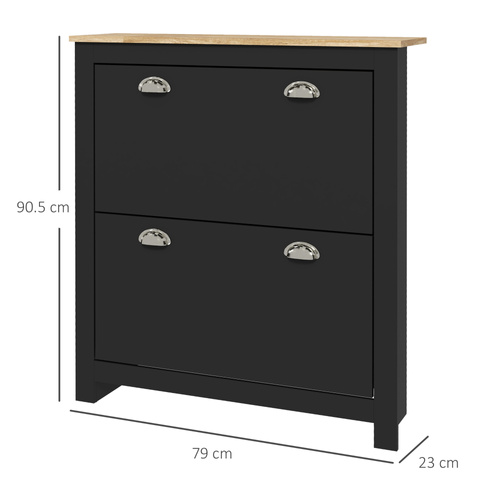 HOMCOM 2 Drawer Shoe Cabinet Modern Narrow Shoe Cupboard Hallway Wooden Storage Organiser with Flip Doors Adjustable Shelf for 6-12 Pairs, Black
