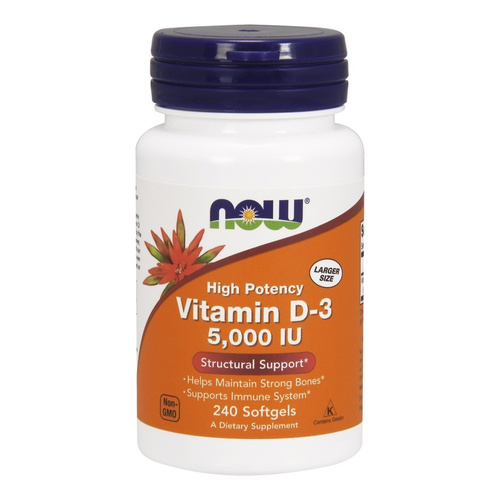Now Foods Vitamin D-3 5000 IU 120 Wspiera Pracę Mięśni Układu Odpornościowego i Mózgu 240 Kapsułek