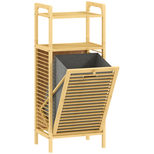 HOMCOM Bamboo Laundry Cabinet with Slatted Door, Bathroom Cabinet with Tilt-Out Hamper and Removable Liner Bag, 40 x 30D x 95 cm, Natural Wood Finish