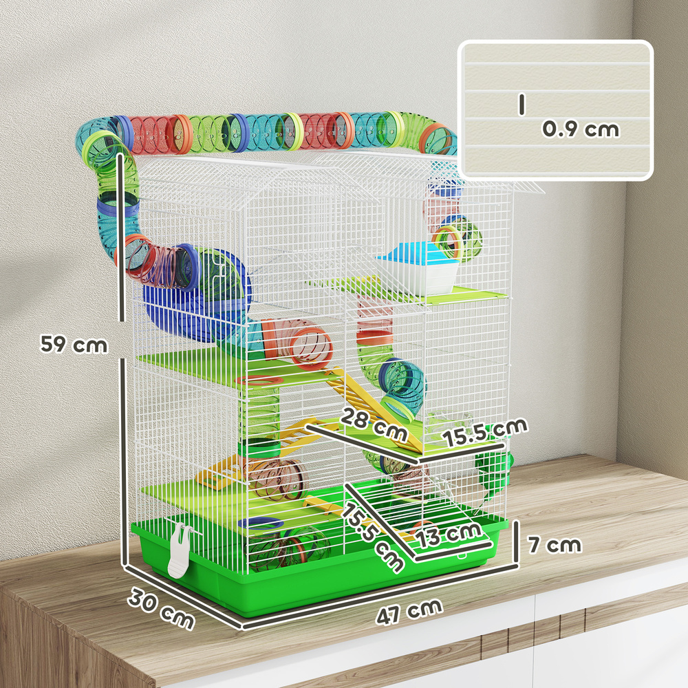 PawHut Hamster Cage, 5 Tier Carrier Habitat with Exercise Wheels Tunnel Tube Water Bottle Dishes House Ladder, Gerbil Cage for Dwarf Mice, Green