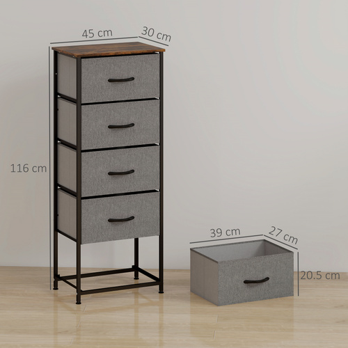 HOMCOM Fabric Chest of Drawers, Industrial Bedroom Dresser with 5 Fabric Drawers, Steel Frame and Wooden Top for Nursery, Living Room, Hallway, Rustic Brown and Grey