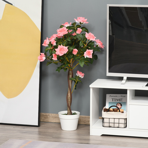 Outsunny Artificial Plants Pink Rose Floral in Pot, Fake Plants for Home Indoor Decor, 90cm