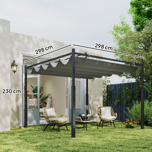 Outsunny 3 x 3(m) Metal Pergola with Retractable Roof and Magnetic Fixture, Outdoor Gazebo Garden Pergola Kit Sun Shade Canopy, UPF30+, 80mm Metal Column, Grey