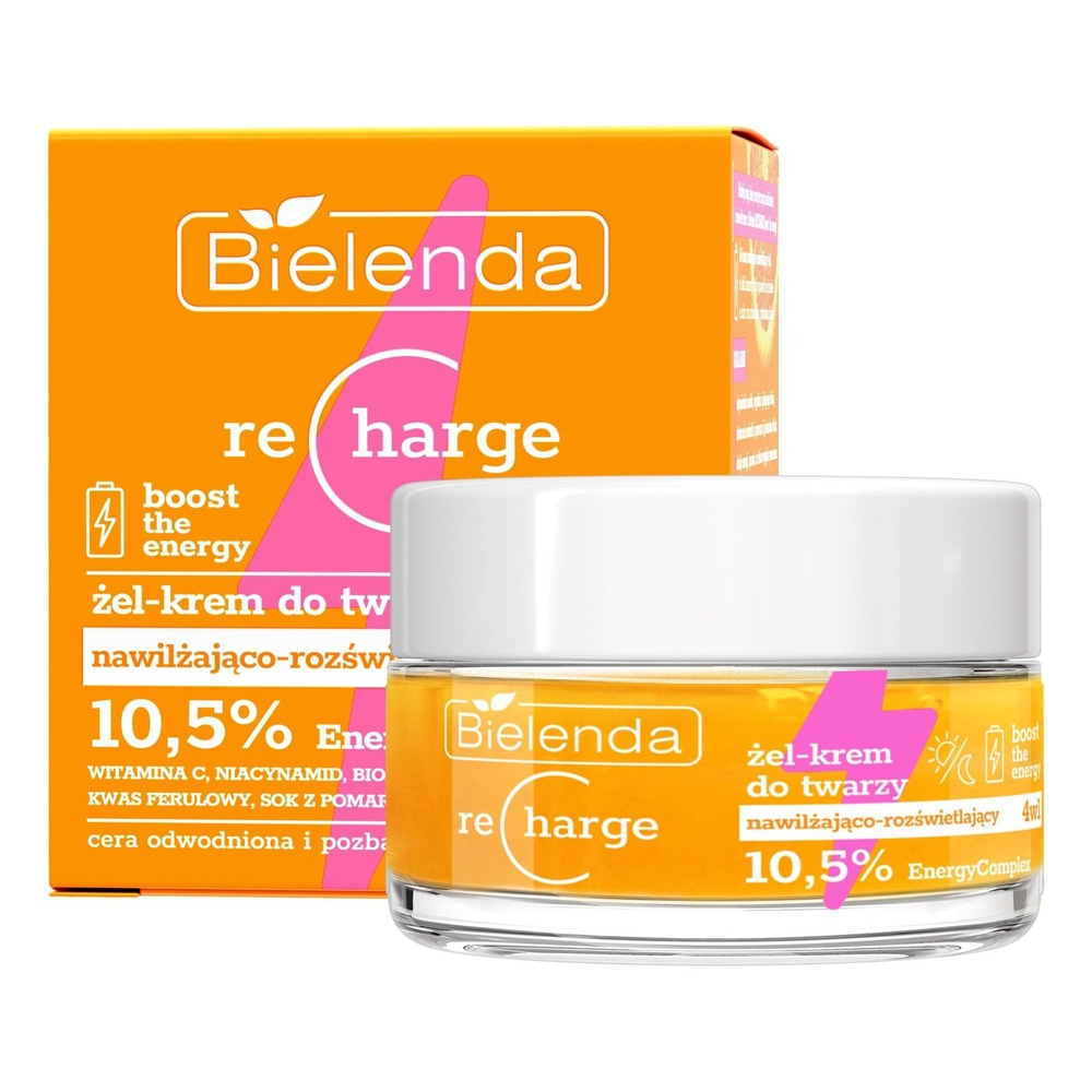 Bielenda Recharge Boost the Energy Nawilżająco Rozświetlający Żel - Krem do Twarzy 4w1 dla Skóry Odwodnionej i Pozbawionej Blasku na Dzień i na Noc 50ml
