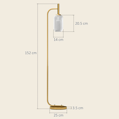 HOMCOM LED Floor Lamp for Living Room with Glass Lampshade, Modern Standing Lamp with Foot Switch, Adjustable Brightness, 2700K for Bedroom, Gold Tone