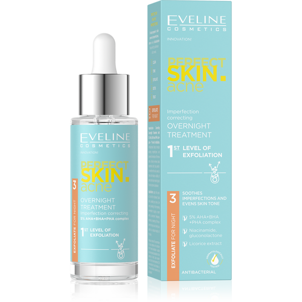 Eveline Perfect Skin Acne Night Treatment Correcting Imperfections 1 Level Exfoliation 5% Acid Complex 30ml Best Before 07.09.26