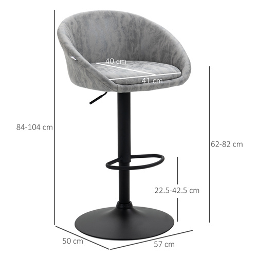 HOMCOM Modern Bar Stools Set of 2, Height Adjustable Swivel Barstools, PU Leather Upholstered Bar Chair with Backrest, Armrests and Footrest for Breakfast Bar, Counter, Kitchen, Light Grey