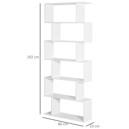 HOMCOM Bookcase, 6 Tier Shelf S Shaped Bookshelf, Storage Unit, Display Shelf for Living Room, Bedroom, Home Office, Plant, White