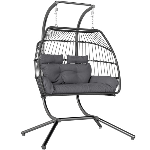 Outsunny Rattan Double Hanging Egg Chair with Stand, Foldable Wicker Swing Egg Chair with Cushion, Head Pillows, Steel Frame, Hammock Chair for Indoor Outdoor, Capacity 260 kg, Dark Grey