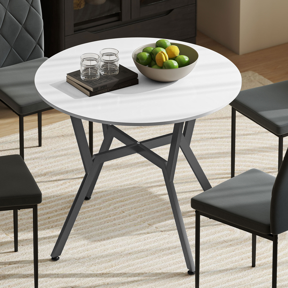 HOMCOM Dining Table, Round Kitchen Table with Black Legs for Living Room, Dining Room 90 x 76 cm, High Gloss White