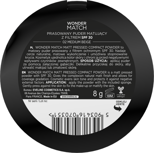 Eveline Wonder Match Matowy Puder Prasowany z Filtrem Ochronnym SPF30 Nr 02 Medium Beige 8g