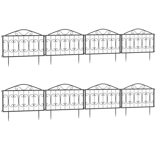 Outsunny Decorative Garden Fencing, 8PCs Outdoor Picket Fence Panels, Rustproof Metal Wire Landscape Flower Bed Border Edging Animal Barrier, Black