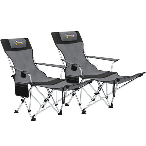 Outsunny Set of 2 Reclining Folding Camping Chair w/ Detachable Footrest, Storage Bag, Cup Holder & Headrest, Lightweight Portable Camp Chair for Beach, Picnic, Grey and Black