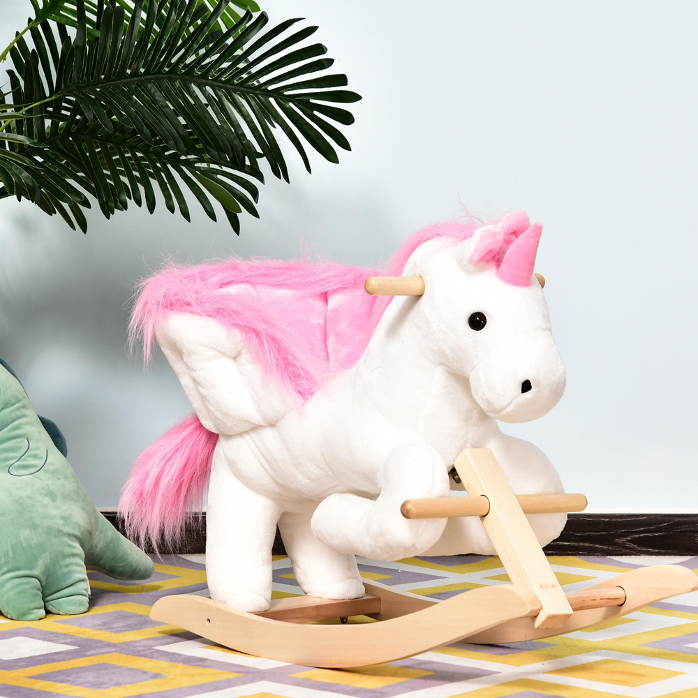 HOMCOM Kids Rocking Horse Toy, Plush Unicorn Rocker Seat with Wood Base and Music, for 1.5-3 Years