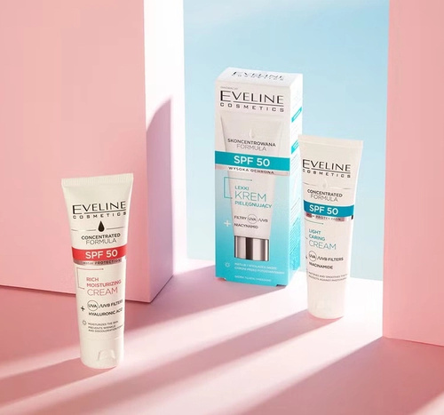 Eveline Skoncentrowana Formuła Lekki Krem Pielęgnujący z SPF50 Wysoka Ochrona dla Skóry Tłustej i Mieszanej 30ml