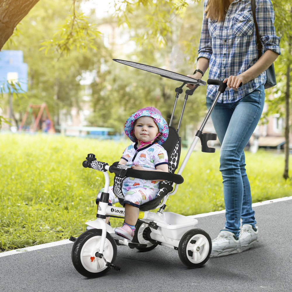 HOMCOM 6 in 1 Tricycle for Kids with 5-point harness straps, Removable Canopy, White