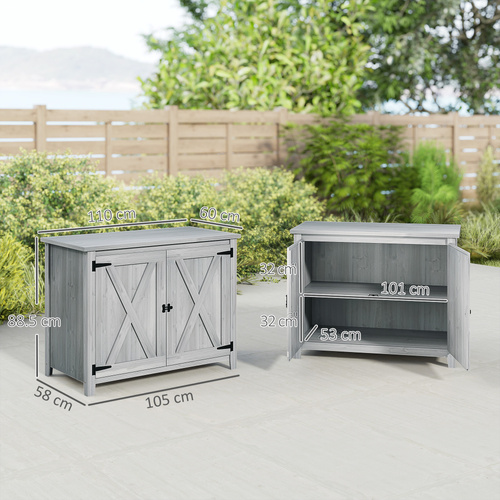 Outsunny Wooden Garden Shed, Outdoor Fir Wood Storage Shed with Shelf and Double Doors, Light Grey