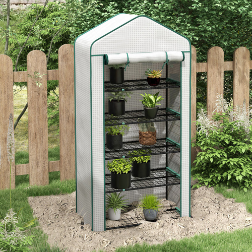 Outsunny 5 Tier Widened Mini Greenhouse with Reinforced PE Cover, Portable Indoor Outdoor Green House with Roll-up Door and Wire Shelves, 90 x 49 x 193cm, White