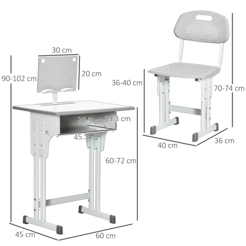 HOMCOM Kids Adjustable Desk and Chair Set, Book Stand, Pen Slot - Grey