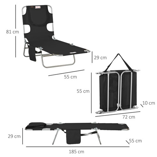 Outsunny Foldable Sun Lounger, Beach Chaise Lounge with Reading Hole, Arm Slots, 5-Position Adjustable Backrest, Side Pocket, Pillow for Garden, Beach, Camping, Black