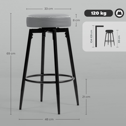 HOMCOM Set of Two Faux Leather Bar Stools - Grey/Black