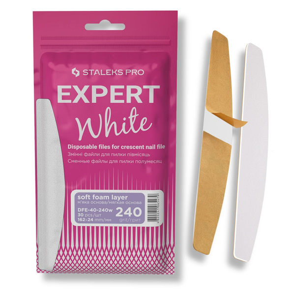 Staleks Pro Expert 40 White Disposable Crescent Nail File Refills on a Soft Foam Layer 240 Grit DFE-40-240w 30pcs