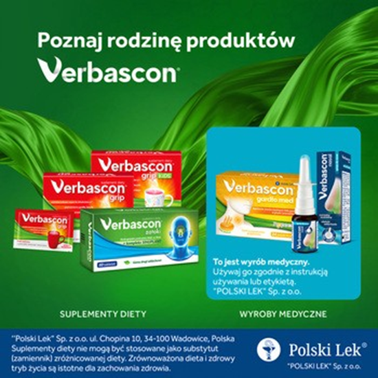 Verbascon Grip na Problemy Układu Oddechowego i Dolegliwości Gardła o Smaku Malinowym 10 Saszetek