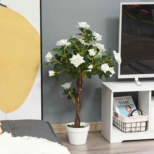 Outsunny Artificial Plants White Rose Floral in Pot, Fake Plants for Home Indoor Decor, 90cm
