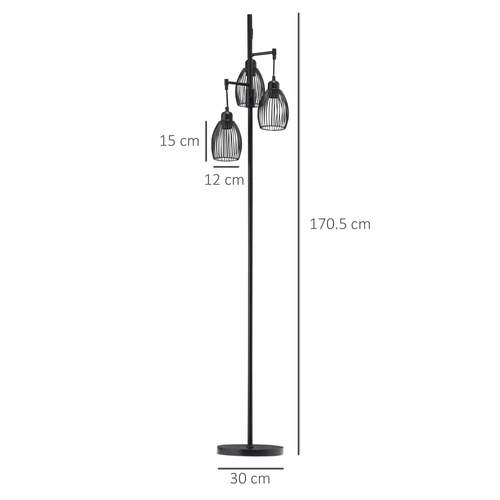 HOMCOM 3-Light Floor Lamp, 170cm Industrial Dimmable Standing Lamp with Steel Wire Cage Lampshades for Living Room, Bedroom, Dining Room, Study, Bulb Not Included, Black