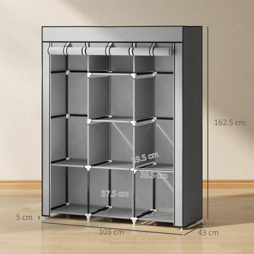 HOMCOM Fabric Wardrobe, with Rails and Shelves - Light Grey