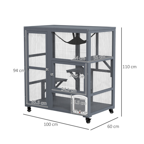 PawHut Cat House, Wooden Indoor Catio Cat Enclosure on Wheels, Wooden Kitty Cage with Platforms, Hammock, Light Grey