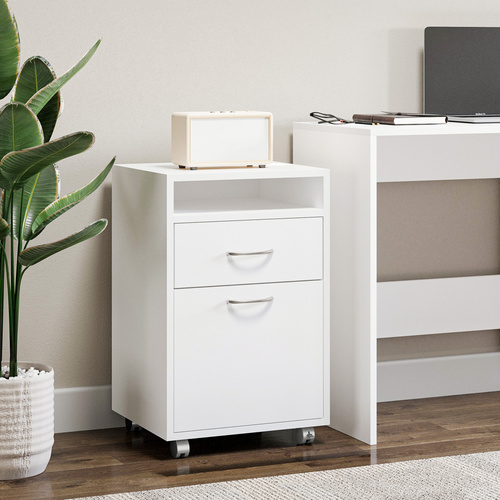 HOMCOM Filing Cabinet, Mobile File Cabinet with 2 Lockable Drawers, Office Home Organiser on Wheels for A4, Letter-Size File Folders, Mobile Printer with Open Shelf, White