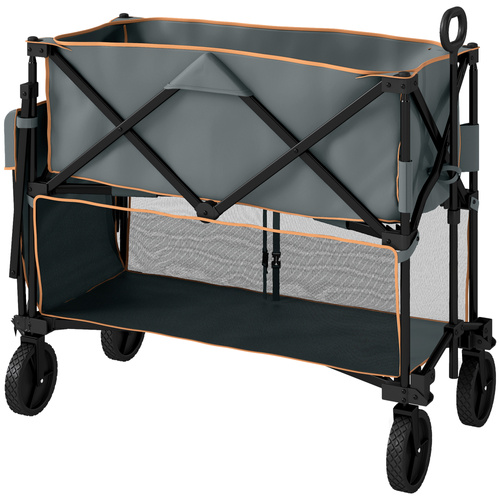 Outsunny Double Decker Folding Festival Trolley on Wheels, 200KG & 350L Capacity Collapsible Wagon Festival Trolley Cart with 134cm Extended for Camping Sports Shopping Garden and Beach, Grey