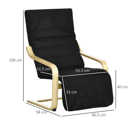 HOMCOM Wooden Armchair, Upholstered Linen Lounge Chair with Adjustable Footrest & Removable Cushion, Poang Chair for Living Room, Black