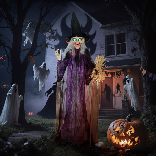 Outsunny 6ft Animated Witch Decoration, with Sound - Purple/White