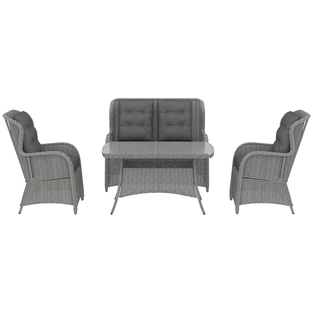 Outsunny Garden PE Rattan Dining Sofa Set, Outdoor 4 Seater Wicker Furniture, High Back Chairs with Cushions, Tempered Glass Coffee Table for Patio, Light Grey