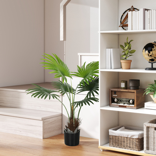 HOMCOM 94cm Artificial Palm Tree, Decorative Artificial Plant with Lifelike PEVA Leaves and Coconut Coir, Fake Tree with Plastic Pot and Flocking for Home Office Decor, Green
