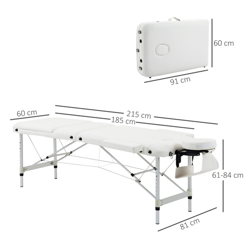 HOMCOM Foldable Massage Bed Portable Table, 3-Section Aluminium Foldable Beauty Couch, Professional Salon Spa Table with Headrest Support and Carry Bag, 81 cm Width, White