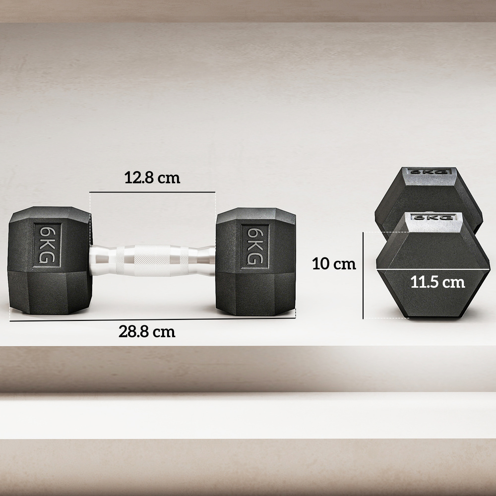 HOMCOM 2x6kg Hex Dumbbells Set Rubber Dumbbells Weight Lifting Equipment Fitness Home Gym