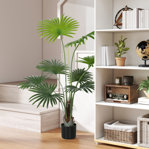 HOMCOM 145cm Artificial Palm Tree, Decorative Artificial Plant with Lifelike PEVA Leaves and Coconut Coir, Fake Tree with Plastic Pot and Flocking for Home Office Decor, Green
