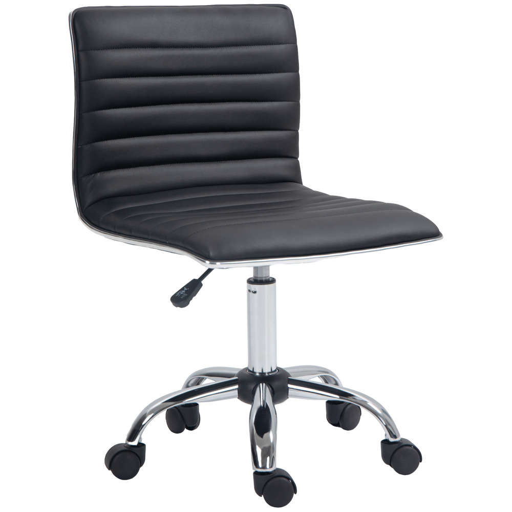 HOMCOM Armless Task Desk Chair, Swivel Office Chair with Faux Leather, Adjustable Seat Height, Chrome Base, Wheels for Home, Black