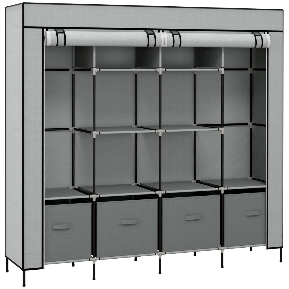 HOMCOM Fabric Wardrobe for Bedroom, Portable Cloth Wardrobe with 10 Compartments, 2 Hanging Rails and 4 Fabric Drawers, 166 x 42.5 x 169.5cm, Dark Grey