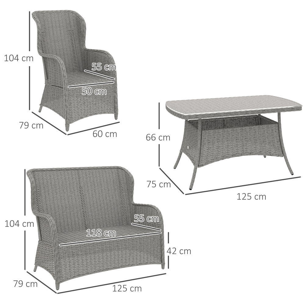 Outsunny Garden PE Rattan Dining Sofa Set, Outdoor 4 Seater Wicker Furniture, High Back Chairs with Cushions, Tempered Glass Coffee Table for Patio, Light Grey
