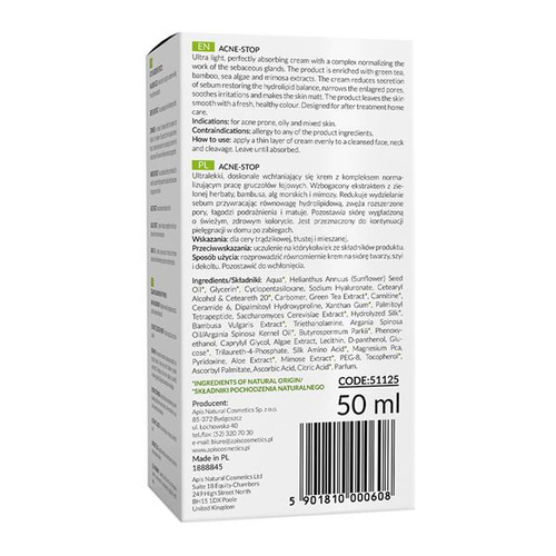 Apis Home terApis Acne Stop Lekki Normalizujący Krem Antytrądzikowy z Zieloną Herbatą dla Cery Trądzikowej 50ml