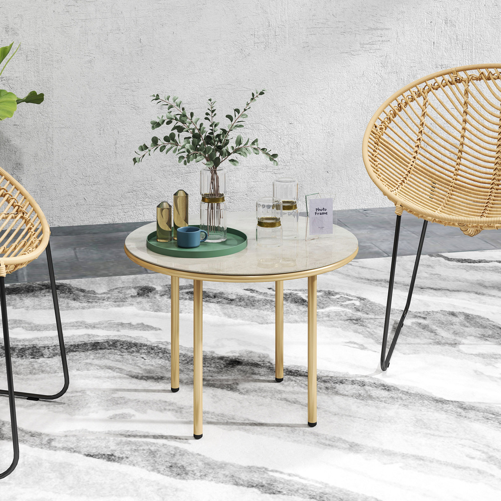 Outsunny Round Coffee Table, Modern End Side Table with Faux Marble Tempered Glass Top, Steel Frame for Living Room, Bedroom, Office, Beige