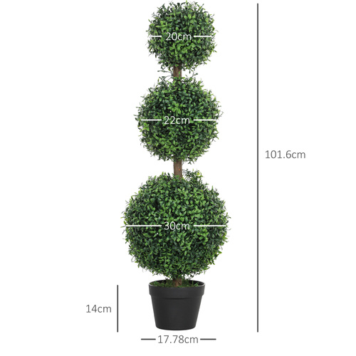 HOMCOM Set of 2 Decorative Artificial Trees, Topiary Ball-shaped Boxwood Trees in Pot, Fake Plants for Home Indoor outdoor Decor, 100cm, 3 Tree Balls