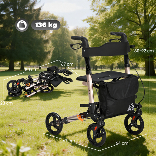 HOMCOM 4 Wheel Rollator with Seat and Back, Folding Mobility Walker with Carry Bag, Adjustable Height, Dual Brakes, Cane Holder, Lightweight Aluminium Walking Frame for Seniors and Disabled, Gold Tone