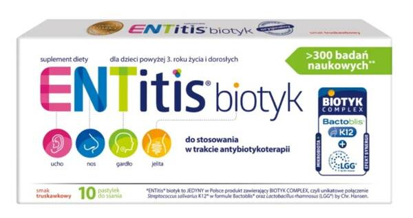 ENTitis Biotyk for Children over 3 years of age and Adults Strawberry Flavor 10 Lozenges Best Before 31.10.26